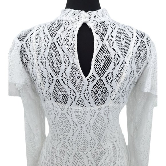 NEW Free People Creamy White Lace Rock Candy Mock Neck Dress M Ruffles Mini - Picture 9 of 12